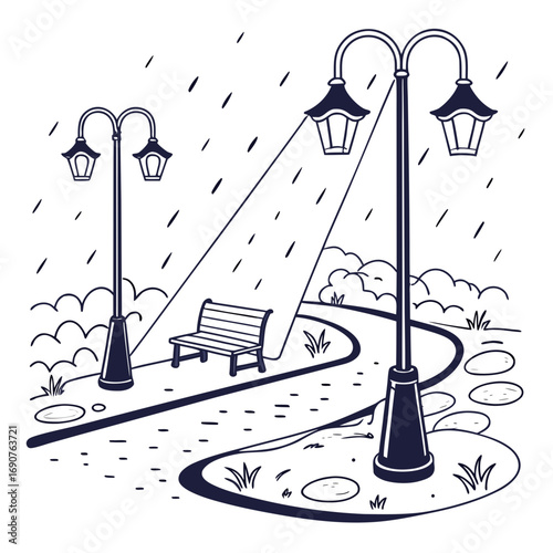 Vector art of rainy park scene illustration featuring a winding path, park benches, and vintage streetlights casting light in the rain, creating a serene and atmospheric mood