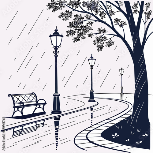 Vector art of a rainy day in the park, featuring a tree, bench, and streetlights along a winding path, creating a reflective and atmospheric scene, ideal for conveying mood