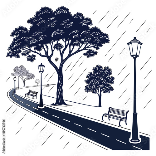 Vector art of rainy park road illustration featuring trees, park benches, and streetlights along a winding road, creating a tranquil and scenic atmosphere in the natural setting