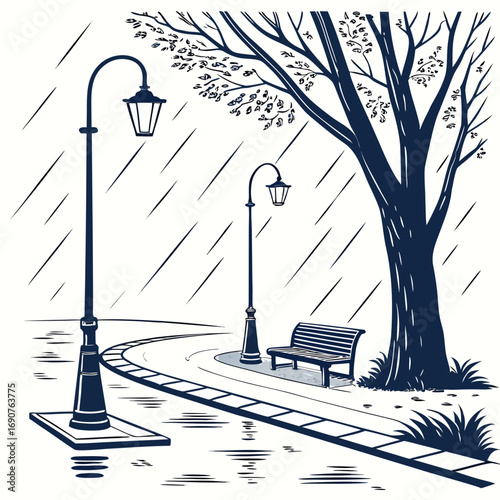 Vector art of a rainy park scene with a tree, bench, and streetlights along a winding path, creating a peaceful and contemplative atmosphere, perfect for illustrating nature