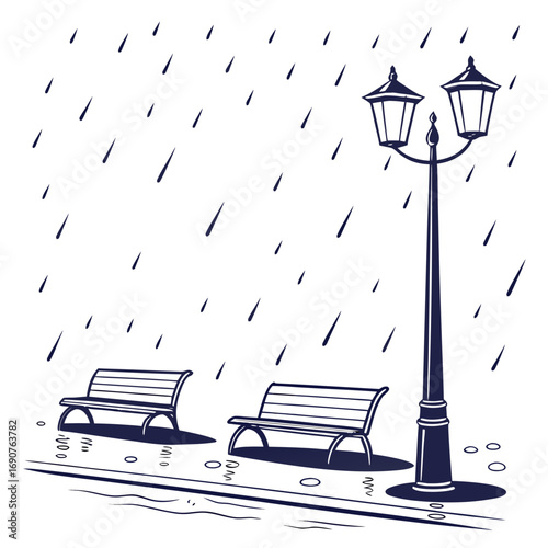 Vector art of rainy day scene with benches and lamppost along a waterfront promenade, creating a serene and melancholic atmosphere, perfect for illustrating solitude