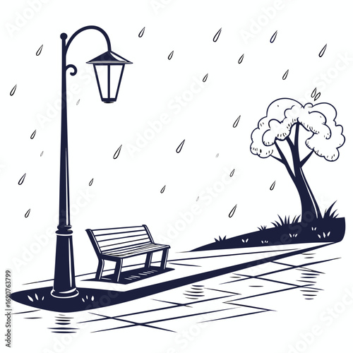 Vector art of rainy day scene with a bench, lamppost and tree along a waterfront promenade, creating a serene and melancholic atmosphere, perfect for illustrating solitude