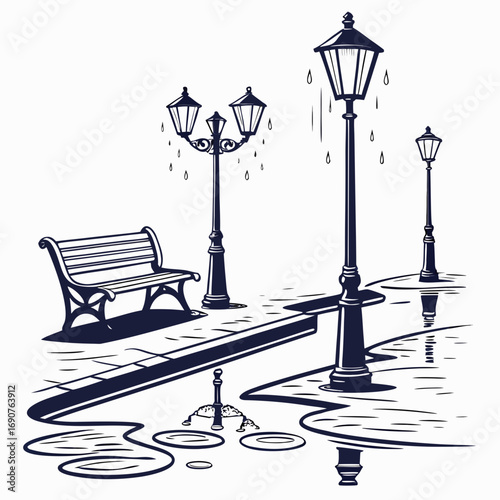 Vector art of rainy day scene with streetlights, bench, and puddles, creating a serene and atmospheric illustration a tranquil moment captured in a simple yet evocative style
