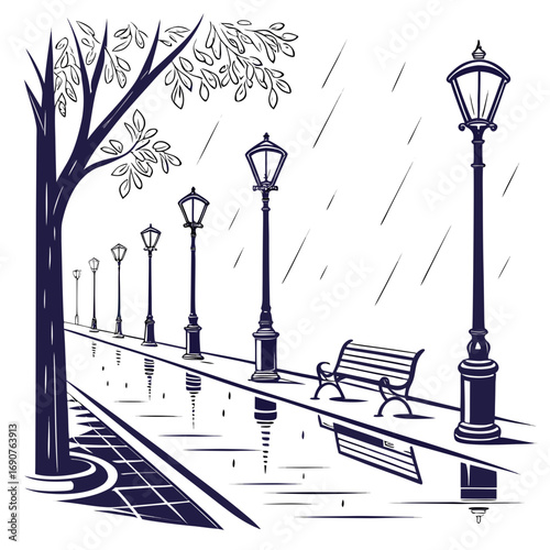 Vector art of rainy day scene with streetlights, bench, and tree, creating a serene and atmospheric illustration a tranquil moment captured in a simple yet evocative style