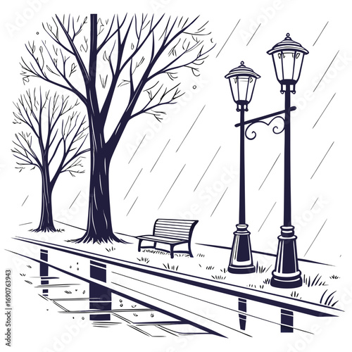 Vector art of rainy day scene featuring a park bench, bare trees, and vintage streetlights, creating a serene and slightly melancholic atmosphere in a minimalist style