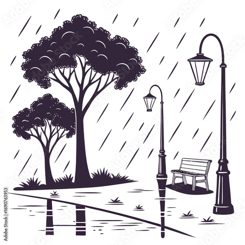 Vector art of rainy day in the park with trees, street lights, and a bench, creating a serene and peaceful atmosphere, perfect for a relaxing stroll or a quiet moment of reflection