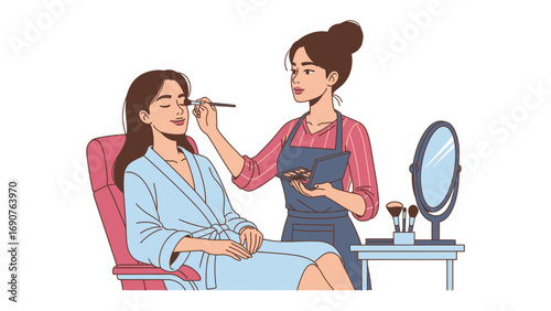 Professional makeup artist applying cosmetics to a young woman s face while she sits comfortably in a salon chair wearing a robe