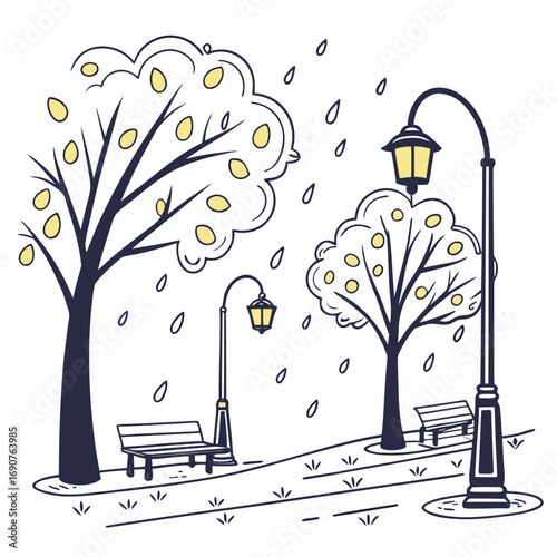 Vector art of rainy park scene featuring vintage streetlights, benches, and trees with yellow leaves in a minimalist style, creating a peaceful atmosphere
