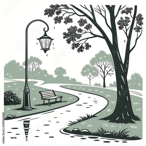 Vector art of a tranquil vector illustration of a park scene, featuring a winding path, a vintage lamppost, and a bench under a lush tree, evoking a sense of peace and serenity in a natural setting