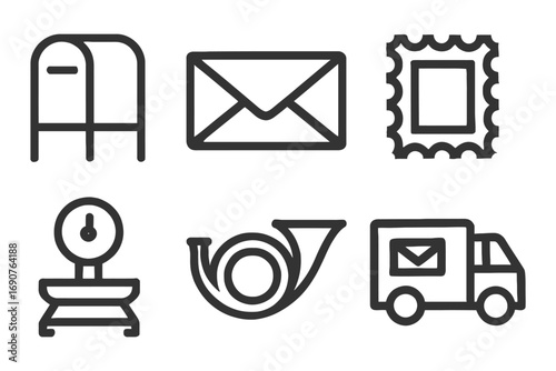 A variety of postal and shipping symbols, including a scale, a horn, a truck, a post office, and a mailbox. Scene is one of organization. vector