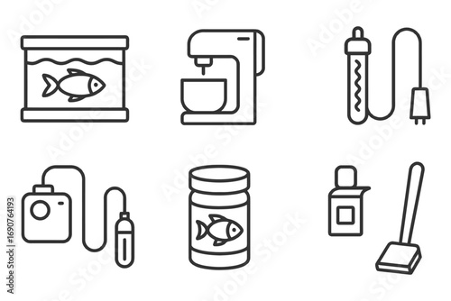 A series of black and white icons of kitchen appliances and fish. The icons include a fish, a fish tank, a blender, a toaster, a coffee maker. vector