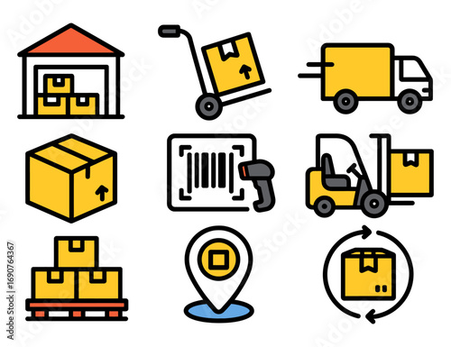 A variety of icons representing different aspects of a warehouse. These icons include a forklift, a truck, and several boxes. vector