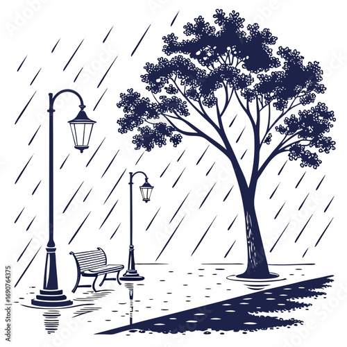 Vector art of rainy day scenery illustration featuring a tree, a bench, and streetlights, creating a serene and melancholic atmosphere with a touch of urban charm
