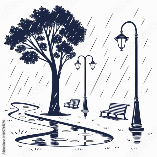 Vector art of rainy day park illustration, featuring a tree, benches, and streetlights, creating a peaceful and reflective atmosphere with a touch of nostalgia
