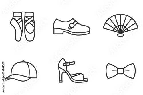 The image is a collection of various items, including a hat, a pair of shoes, a fan, a bow, a pair of ballet shoes, and a pair of clog shoes. vector