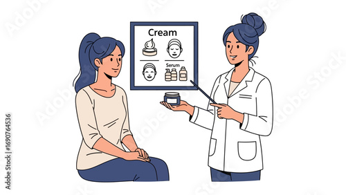 Dermatologist or skincare professional explaining cream product benefits to a female patient in a consultation room