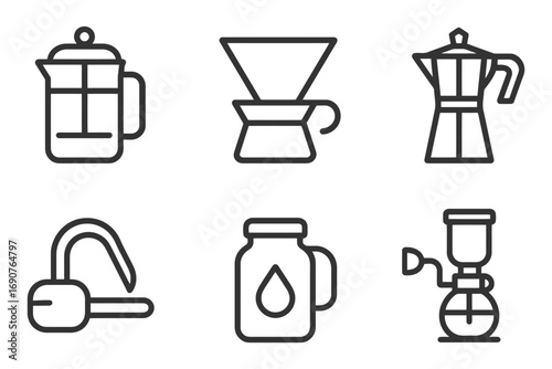 A set of six black and white icons for kitchen appliances. The icons include a coffee maker, a coffee grinder, a coffee pot, a coffee filter. vector