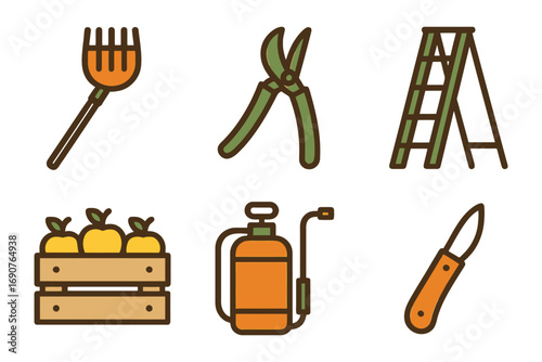 A set of tools for gardening and yard work. The tools include a rake, a pair of scissors, a ladder, a shovel, a knife, and a spray bottle. vector