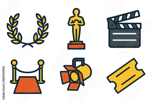 A variety of movie-related icons, including a golden statue of an Oscar winner, a movie camera, and a ticket. The icons are arranged in a row. vector