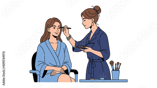 Professional makeup artist applying cosmetics to a young woman s face in a salon setting with brushes and tools