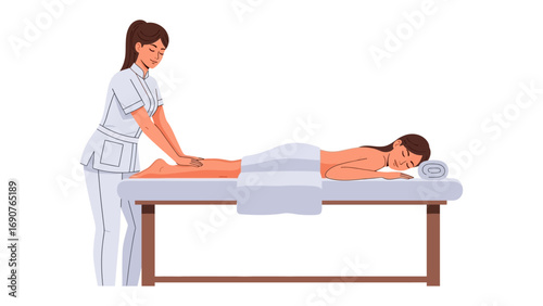 Professional massage therapist providing a relaxing leg massage to a woman lying on a massage table in a spa setting