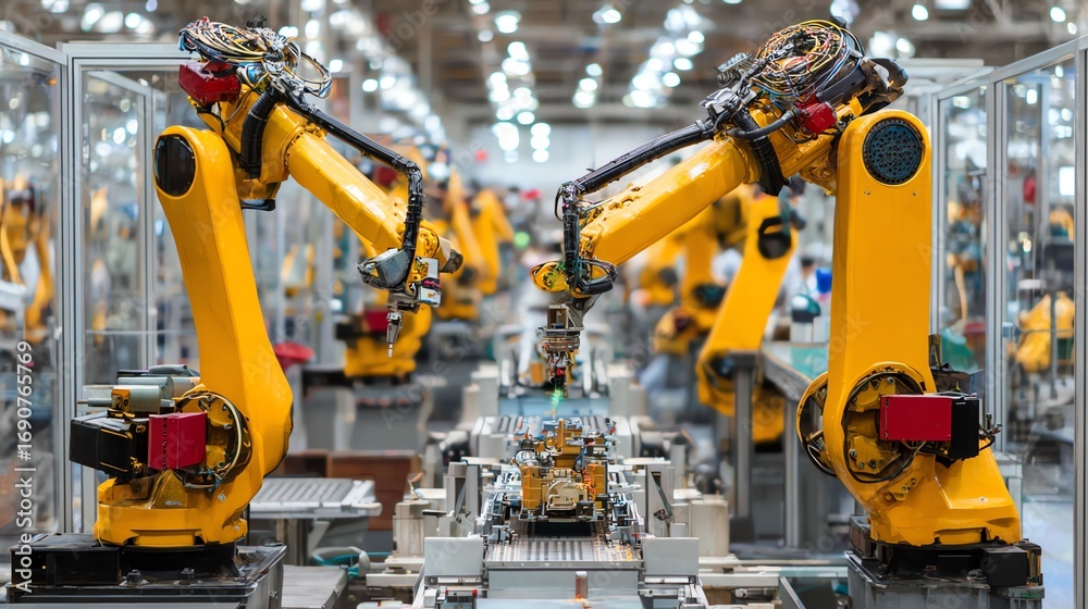 Fototapeta premium Automated robotic arms meticulously assemble components on a modern production line, showcasing the precision and efficiency of industrial automation in manufacturing.