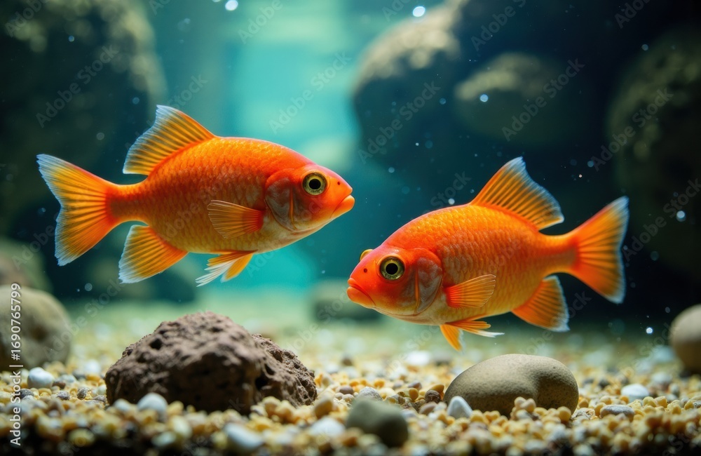 Fototapeta premium Colorful goldfish swimming in an aquarium with rocks and gravel