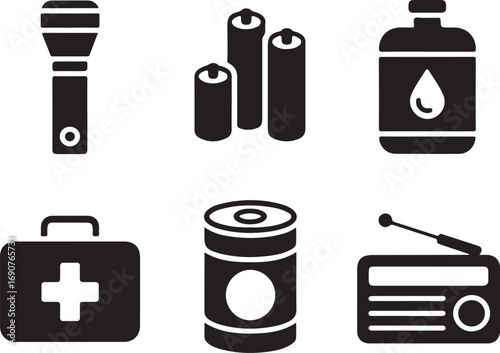 Set of Black Icons for Emergency Preparedness and Survival Keywords: flashlight, batteries, water