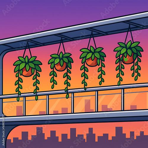 Lush green potted plants adorn a modern urban balcony against a vibrant sunset sky, bringing a touch of nature to the cityscape