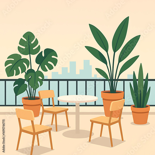 Cozy outdoor patio seating area with lush potted plants and city skyline in the background