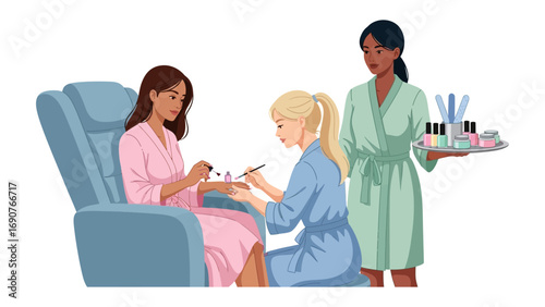 Young woman receives a relaxing manicure and pedicure in a spa setting with a technician and attendant holding beauty products