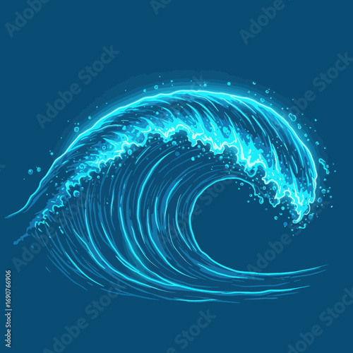 Glowing Neon Blue Ocean Wave Crashing with Energetic Spray.