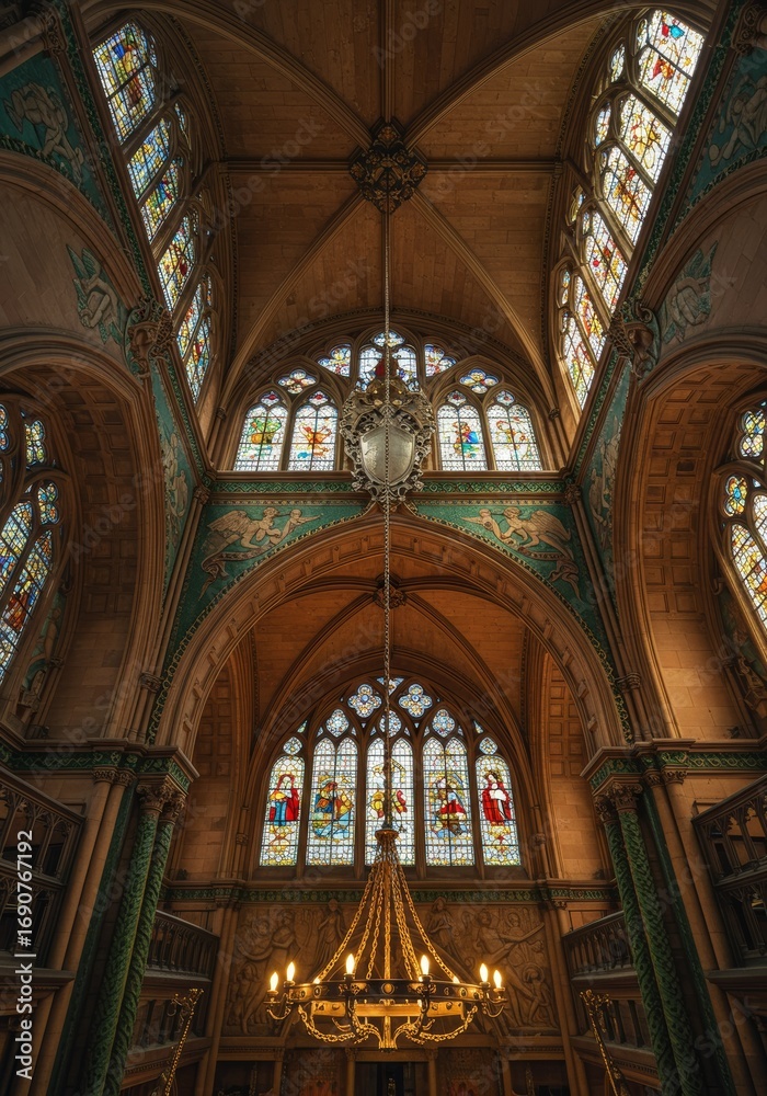 Obraz premium Ornate interior with stained glass windows and a golden chandelier.