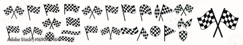 Checkered racing flags set. Black and white vector icons of finish flags, isolated on white background.