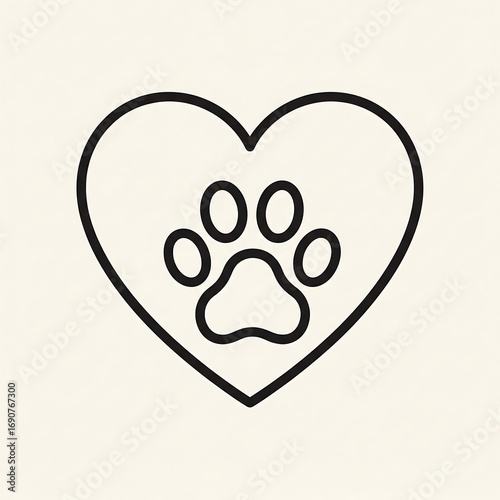 A simple black line art illustration of a heart with a pet paw print inside, symbolizing love for animals.