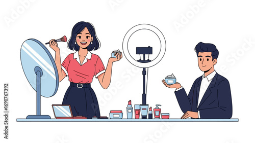 Young diverse couple creating makeup tutorial videos with ring light and beauty products for social media content creation