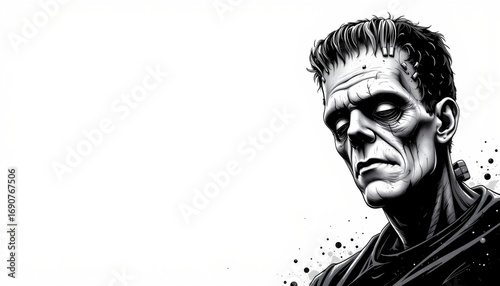 A black and white illustration of the Frankenstein monster, portrayed with a stern expression