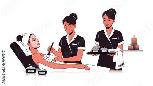 Professional spa technician applies facial mask to relaxed woman in reclining chair with assistant holding tray of beauty products