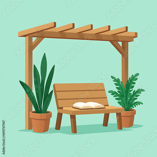 Illustrated outdoor relaxation area featuring a garden bench under a wooden pergola, surrounded by greenery for a quiet retreat