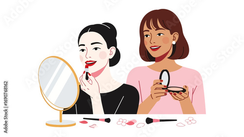 Two diverse young women applying makeup together in front of a mirror preparing for a special occasion or a night out