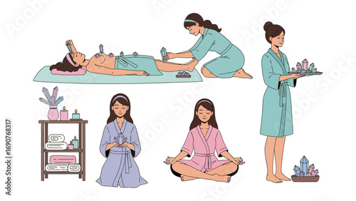 Collection of illustrations depicting traditional chinese medicine treatments and wellness practices including cupping therapy acupuncture and spa relaxation