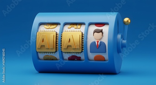 Modern Slot Machine with Ai Icons and Business Man Illustration on Blue Background
