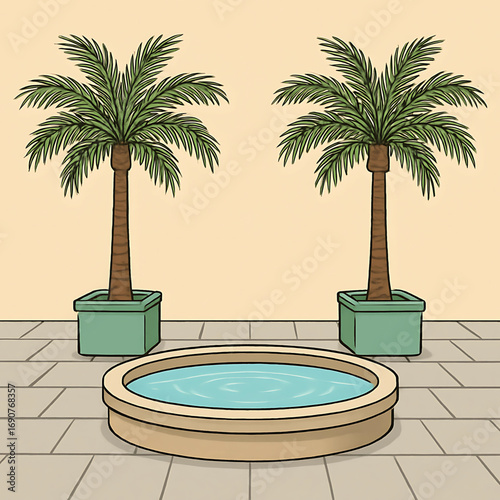 A serene and elegant courtyard oasis featuring a central water fountain and two lush tropical palm trees in planters