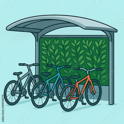 Illustration of three bicycles parked under a shelter with a green hedge background