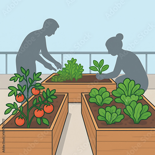 Man and woman cultivating a vegetable garden in raised planters, a concept of urban agriculture and a healthy lifestyle
