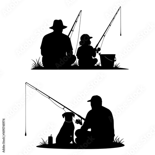 Father and child fishing together with a dog in a silhouette style isolated on transparent background