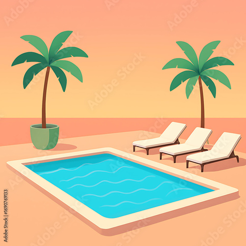 A serene tropical poolside scene with palm trees and lounge chairs under a warm, inviting sky, perfect for vacation relaxation