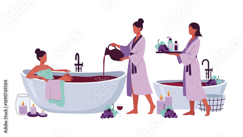 Two women in bathrobes prepare a luxurious spa experience with a woman relaxing in a red bath and aromatherapy elements