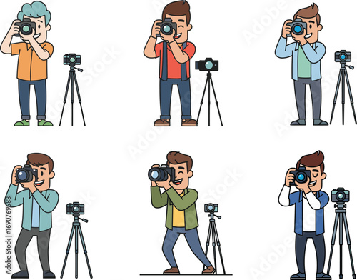 Cartoon Male Photographers with Cameras and Tripods in Various Poses, Taking Photos, Isolated on White Background Vector