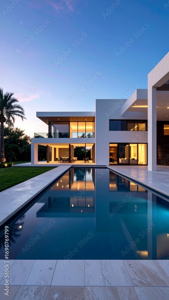 Fototapeta premium Modern Villa with Infinity Pool at Dusk